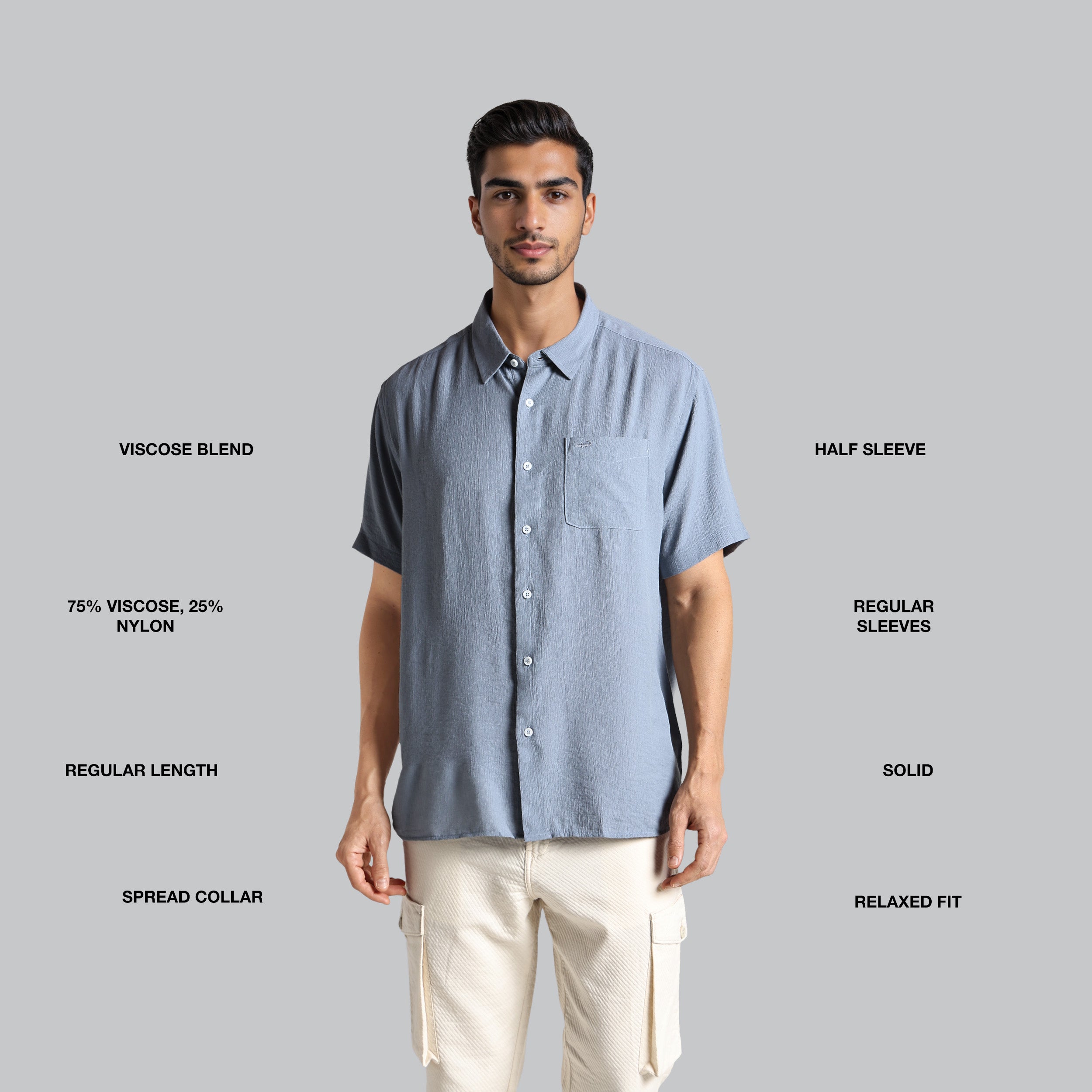 Man wearing a light blue shirt with text describing fabric blend, sleeve length, and other details on a gray background