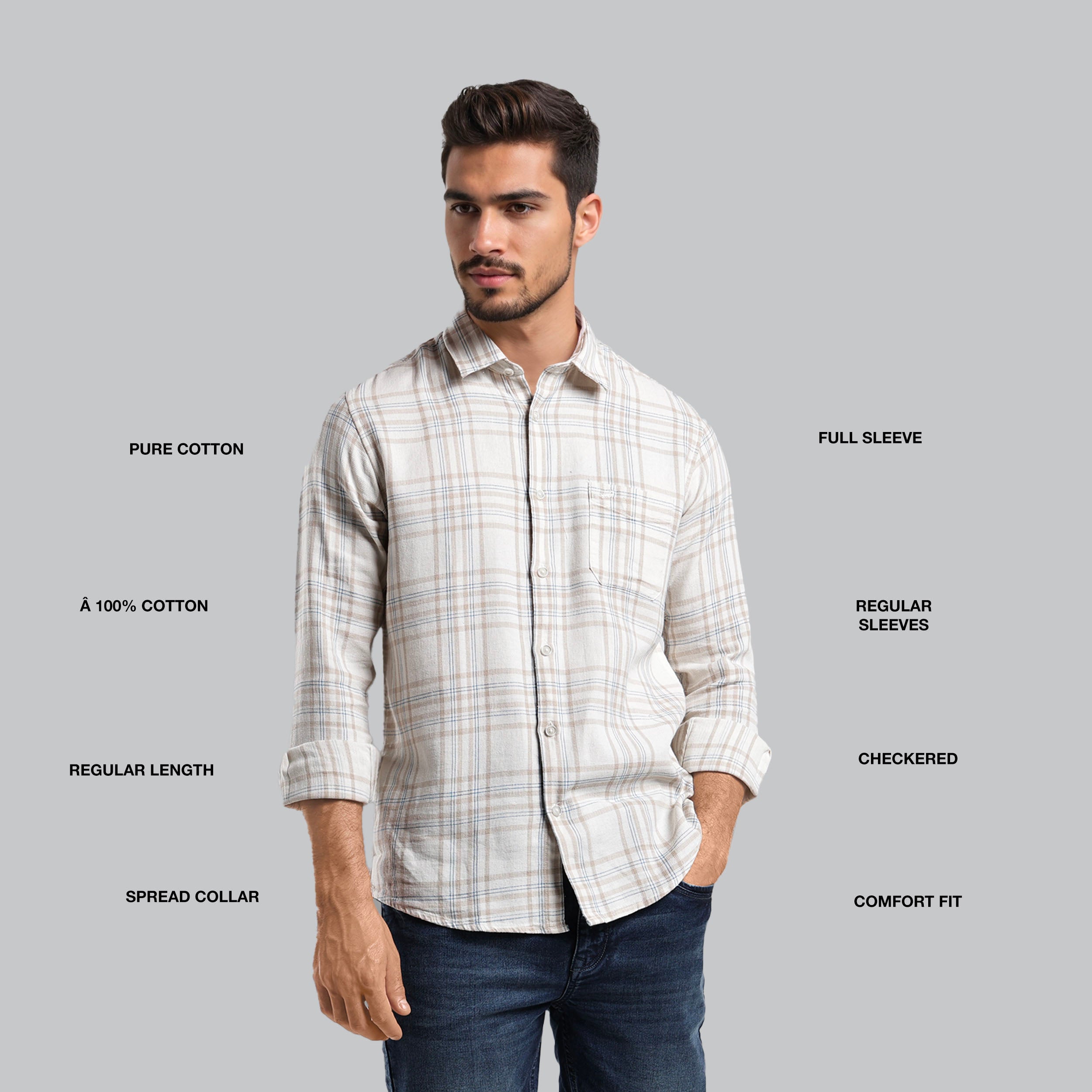 Man wearing a checkered shirt with text describing features on a gray background