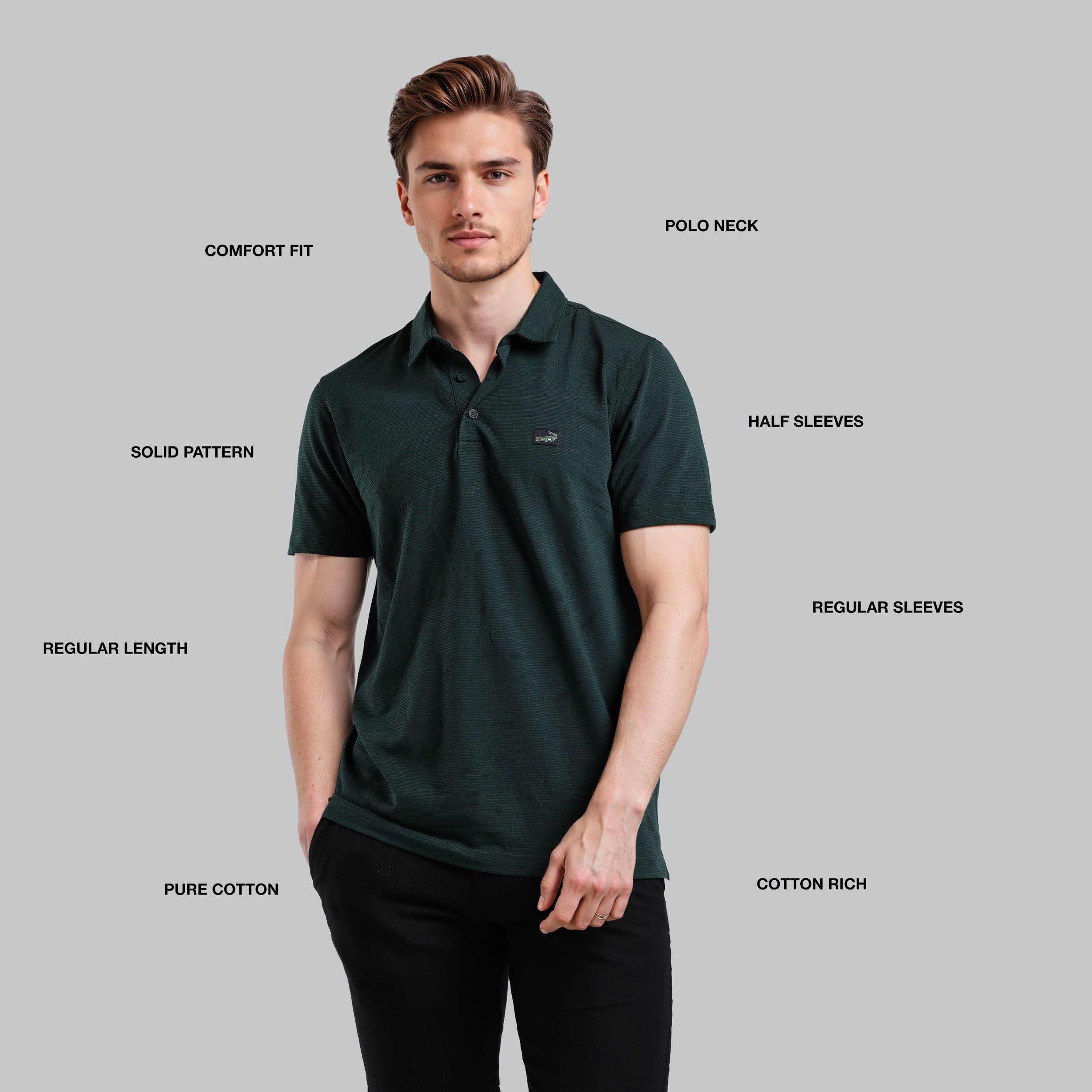 Man wearing a green polo shirt with text labels on a gray background