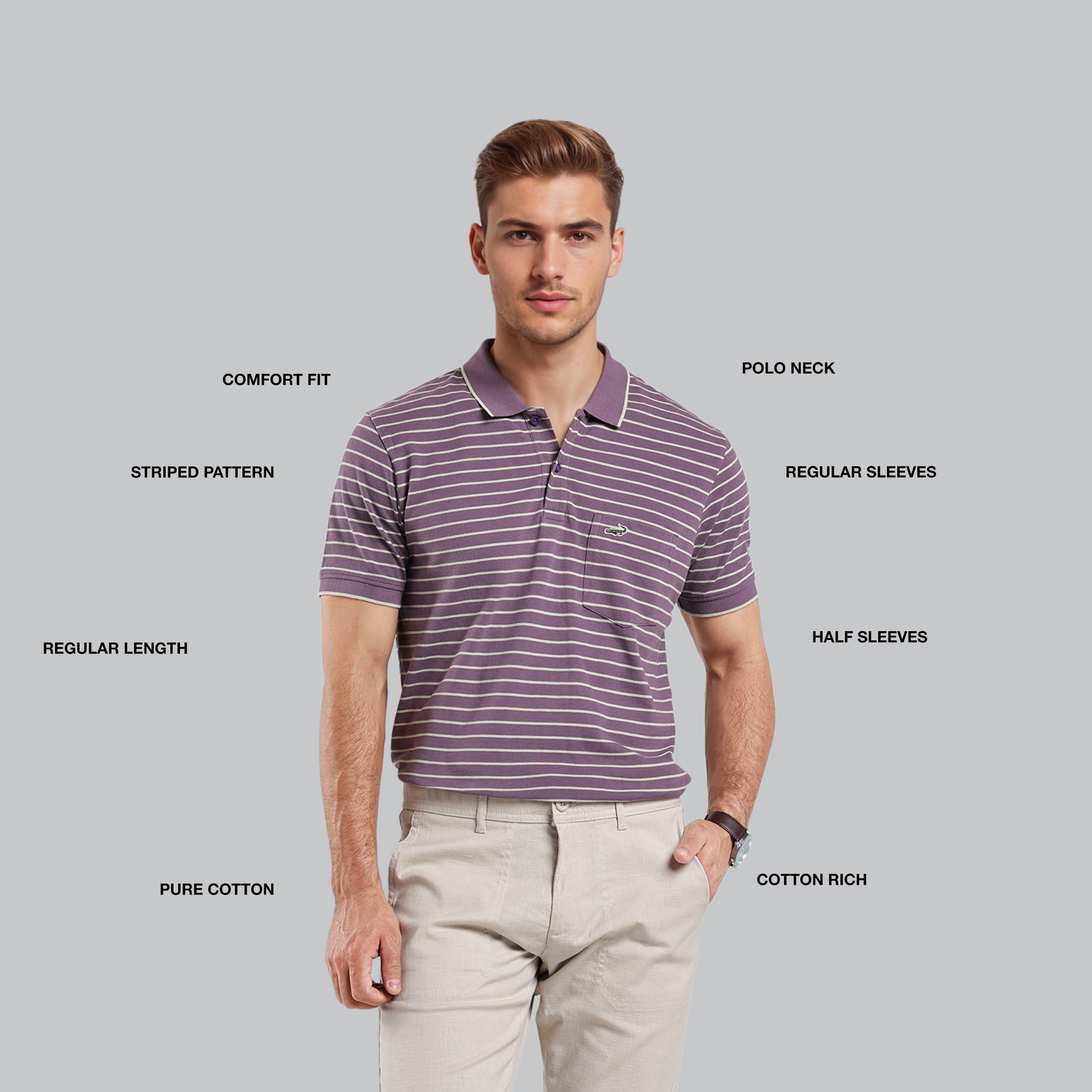 Man wearing a striped polo shirt with feature labels on a gray background