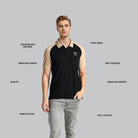 Man wearing a black and beige polo shirt with text labels on a gray background