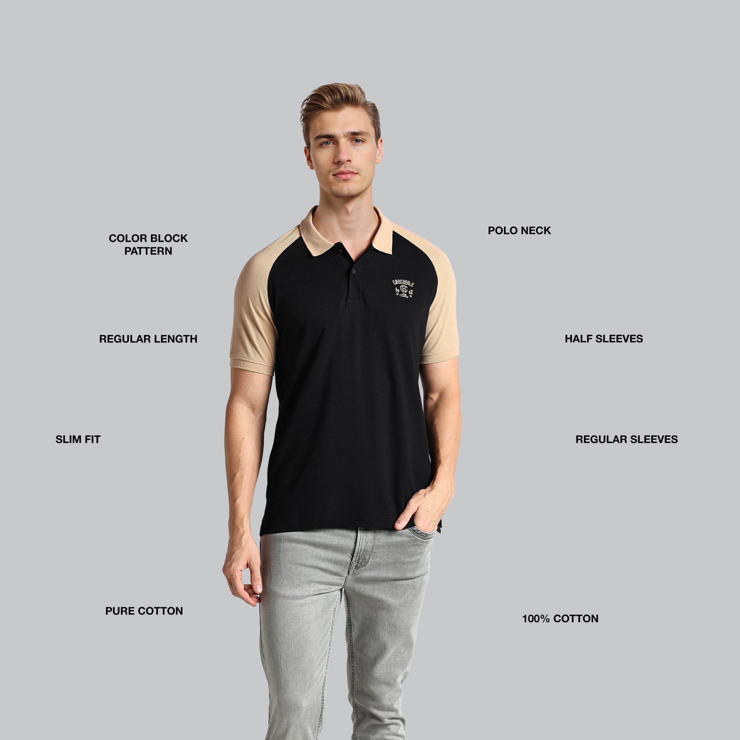 Man wearing a black and beige polo shirt with text labels on a gray background