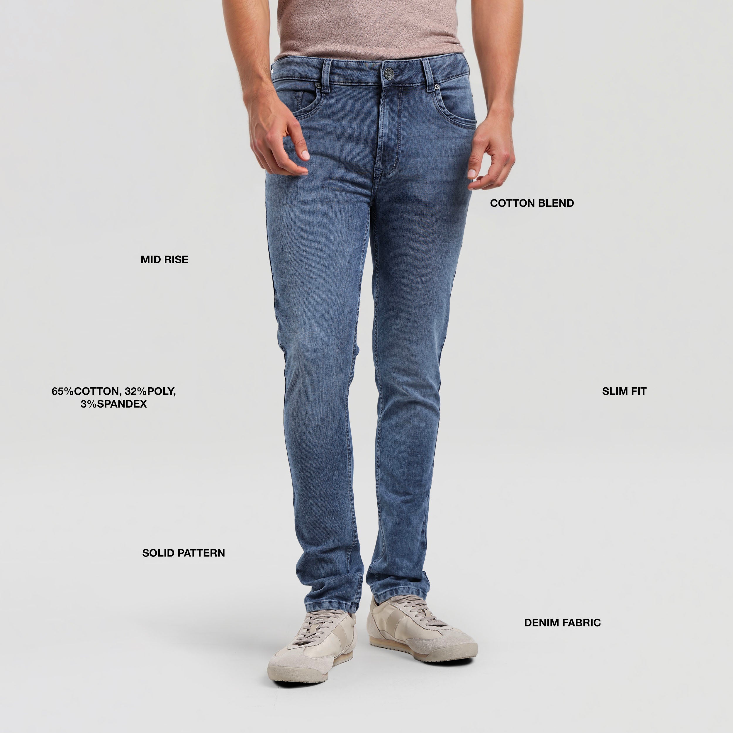 Blue jeans with text detailing features on a white background