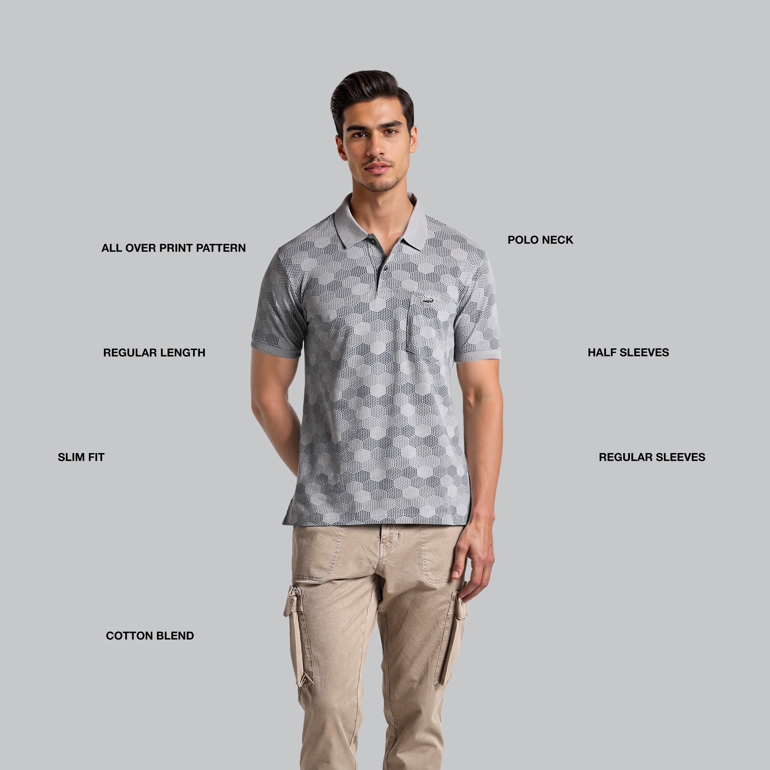 Man wearing a gray patterned polo shirt with text labels on a gray background