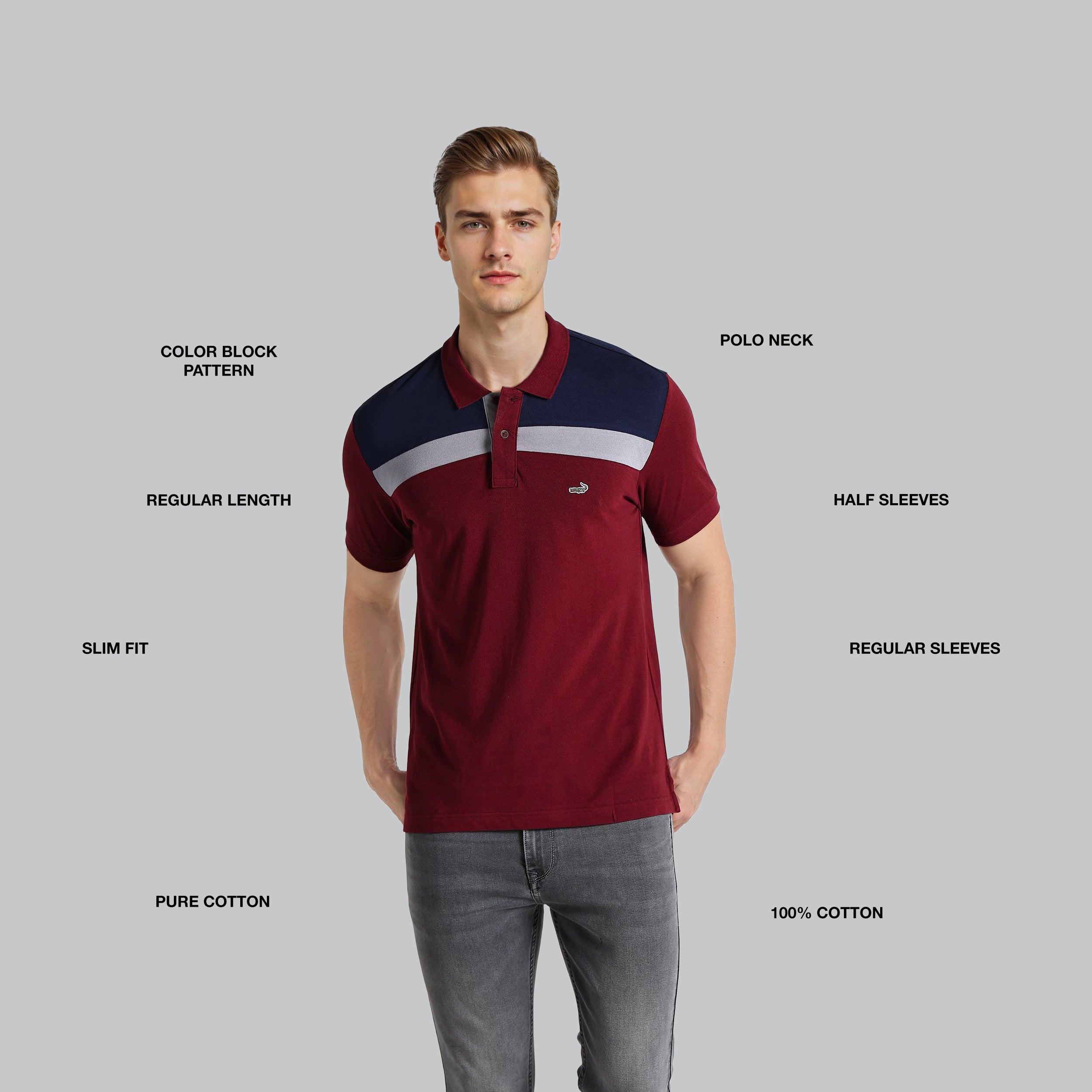 Man wearing a maroon and navy polo shirt with text labels on a gray background