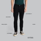 Person wearing black jeans with feature labels on a gray background