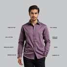 Man wearing a purple shirt with text detailing shirt features on a gray background