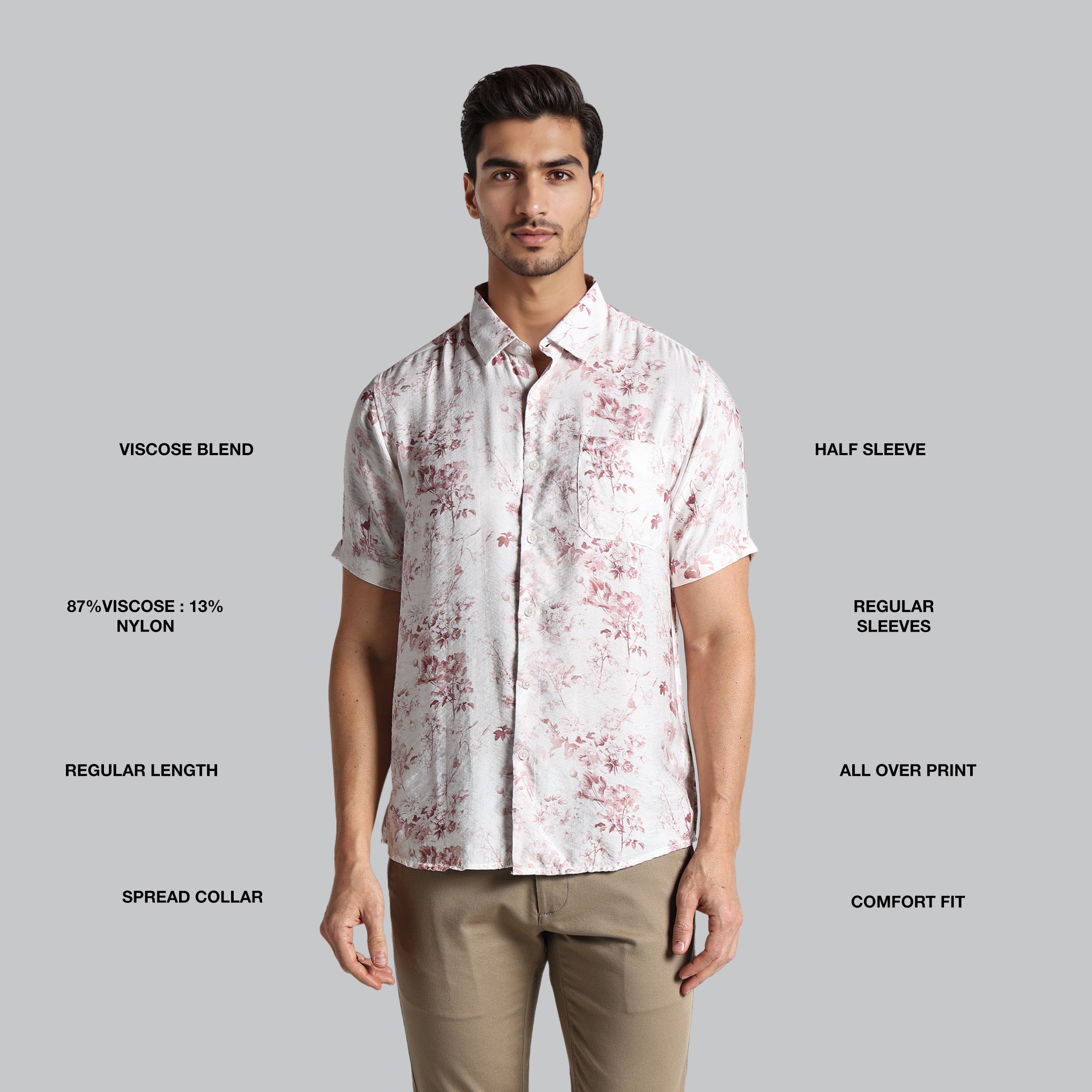 Man wearing a floral shirt with text describing fabric blend, sleeve length, and other details on a gray background
