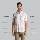 Man wearing a floral shirt with text describing fabric blend, sleeve length, and other details on a gray background