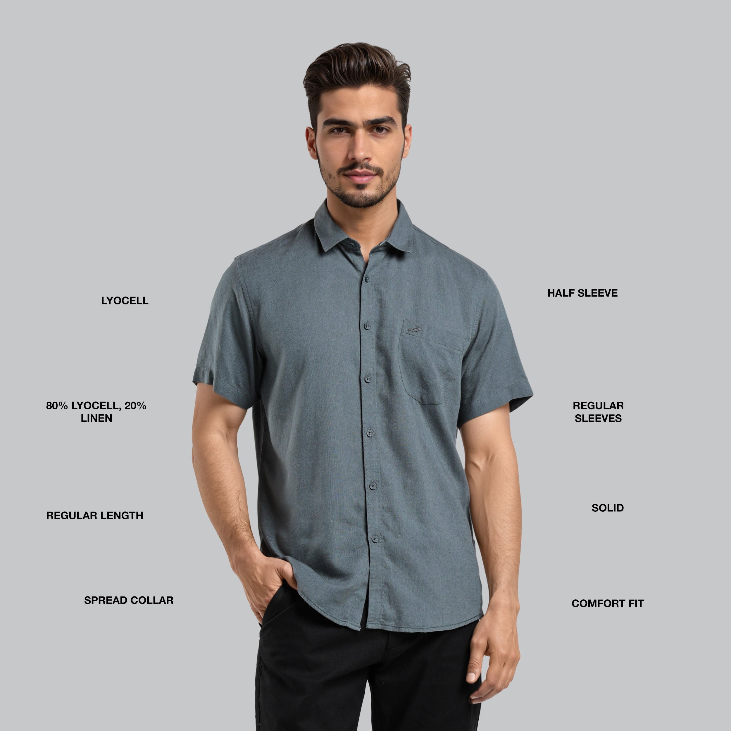 Man wearing a gray short-sleeve shirt with text detailing fabric composition and style features on a gray background