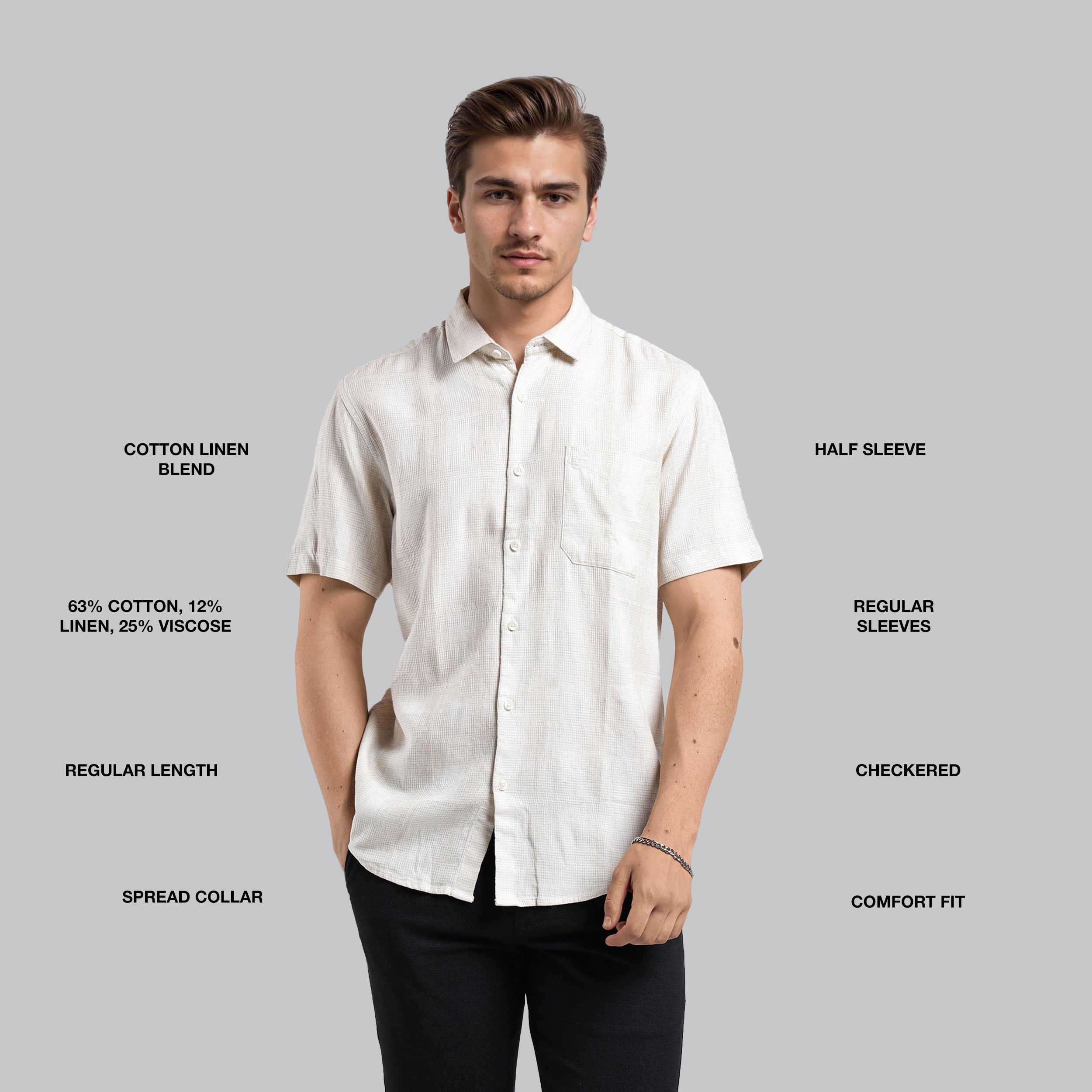 Man wearing a white checkered shirt with text describing fabric blend, sleeve length, and other features on a gray background