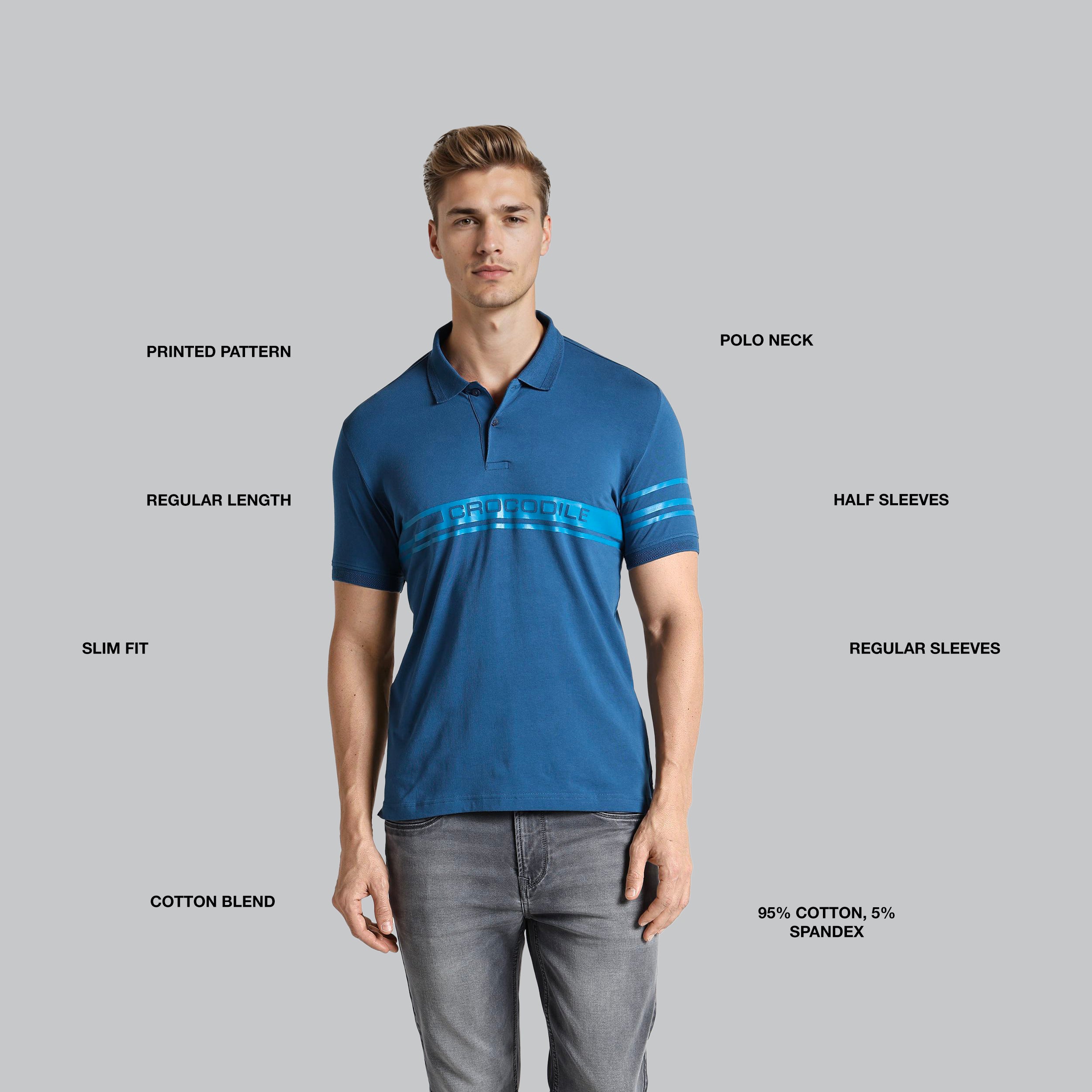 Man wearing a blue polo shirt with text labels on a gray background