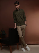 Moss Green Full Sleeve Comfort Fit Stripes Shirt