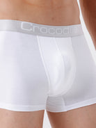 White boxer briefs with a gray waistband featuring the brand 'Crocodile'.