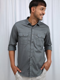 Green Solid Casual Full Sleeve Shirt