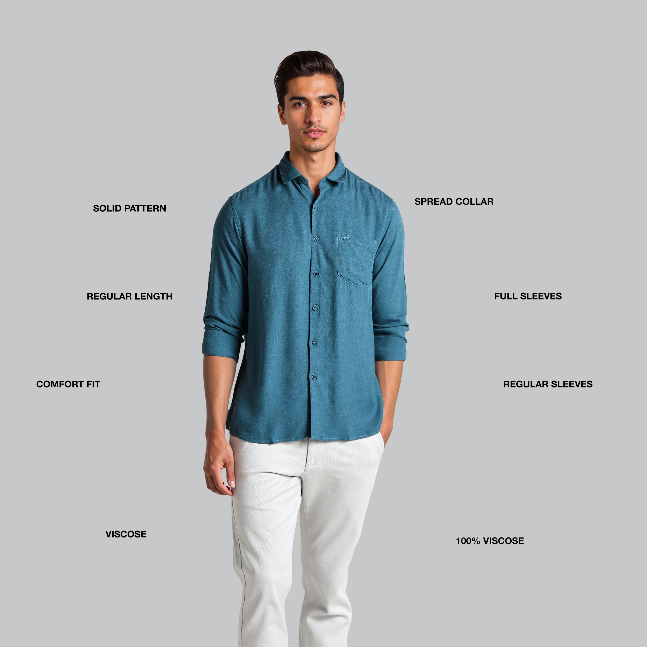 Man wearing a blue shirt with text labels on a gray background