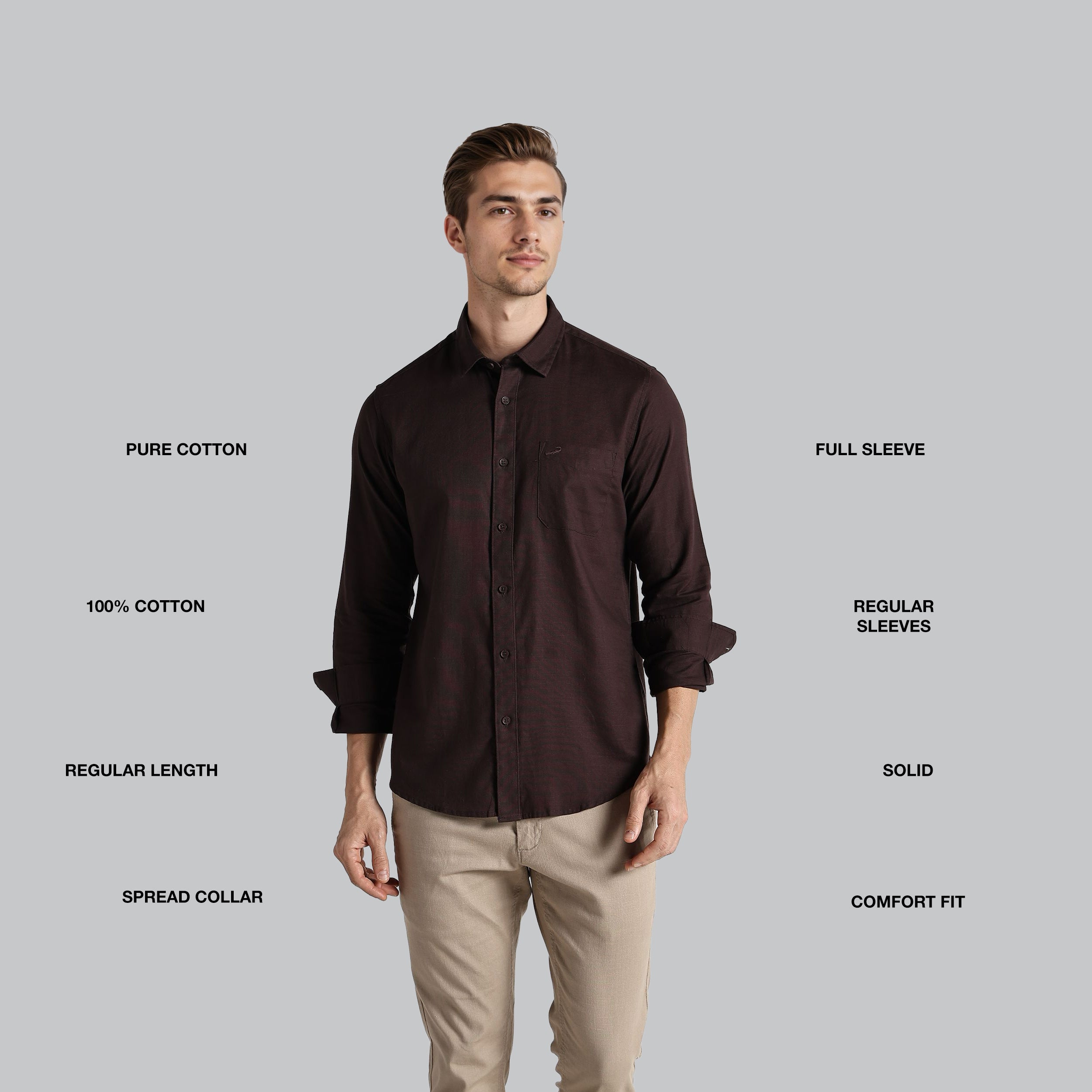 Man wearing a brown shirt with text describing features on a gray background