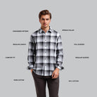 Man wearing a checkered pattern shirt with text labels on a gray background