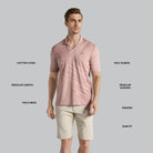 Man wearing a pink polo shirt with text labels on a gray background