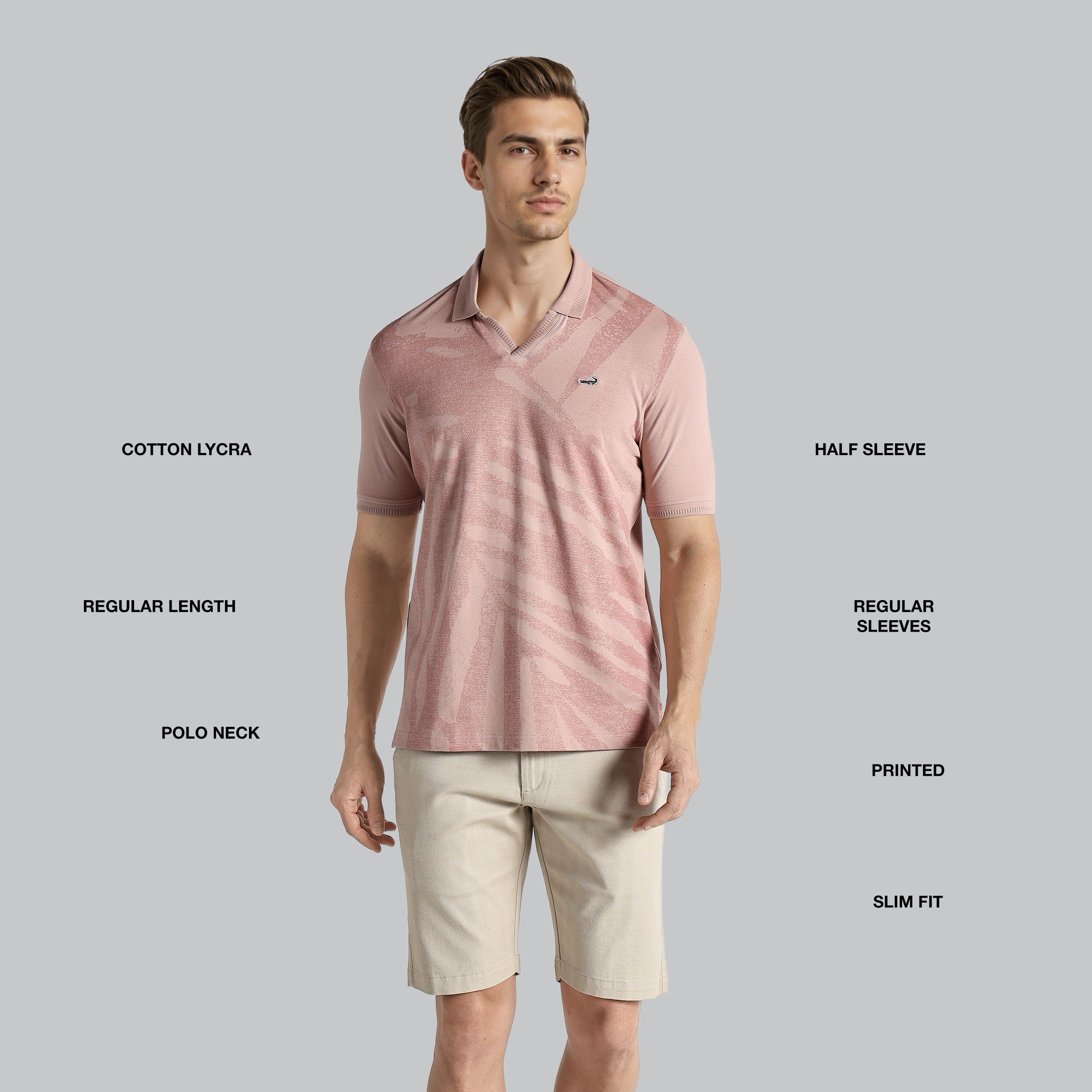 Man wearing a pink polo shirt with text labels on a gray background