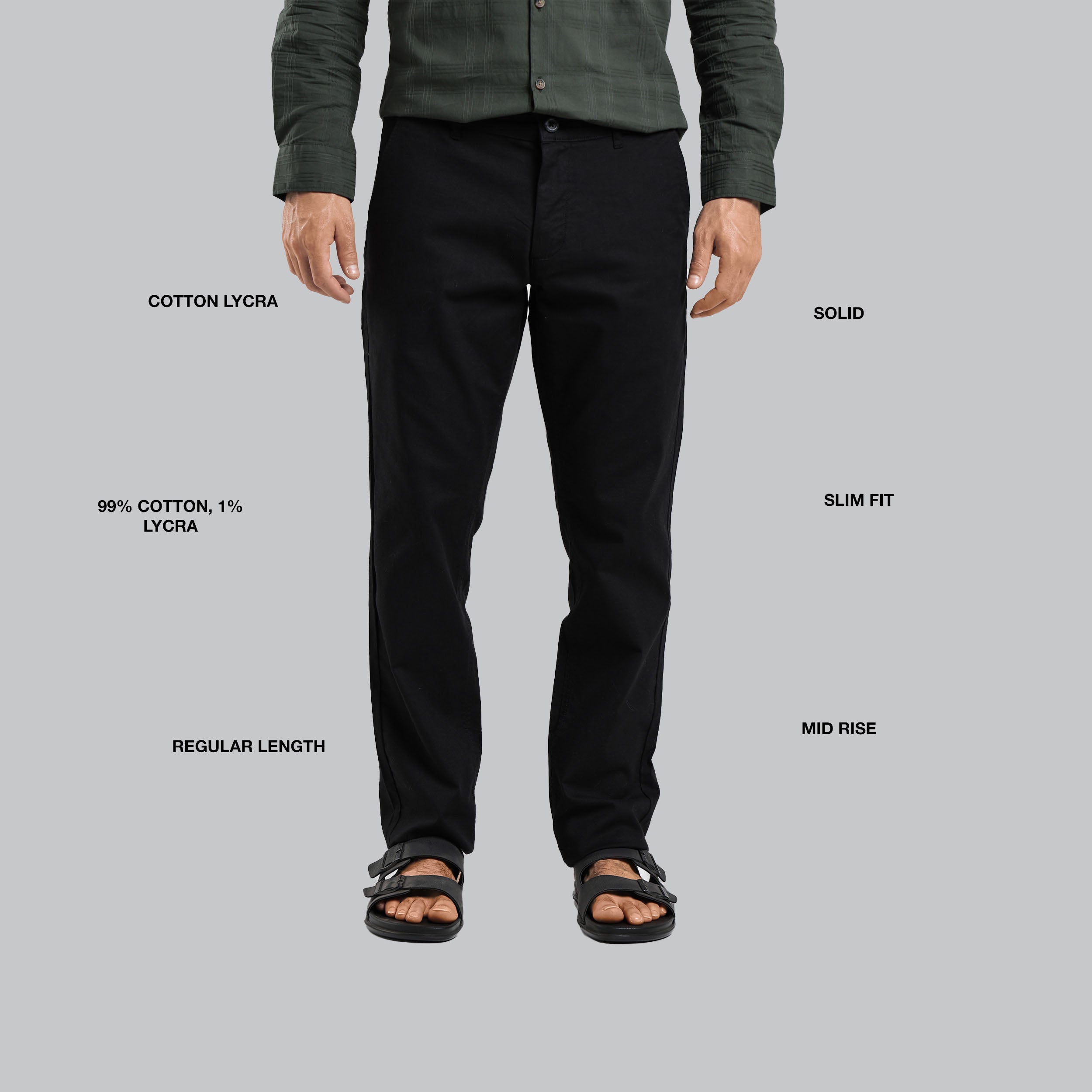 Person wearing black pants with text labels on a gray background