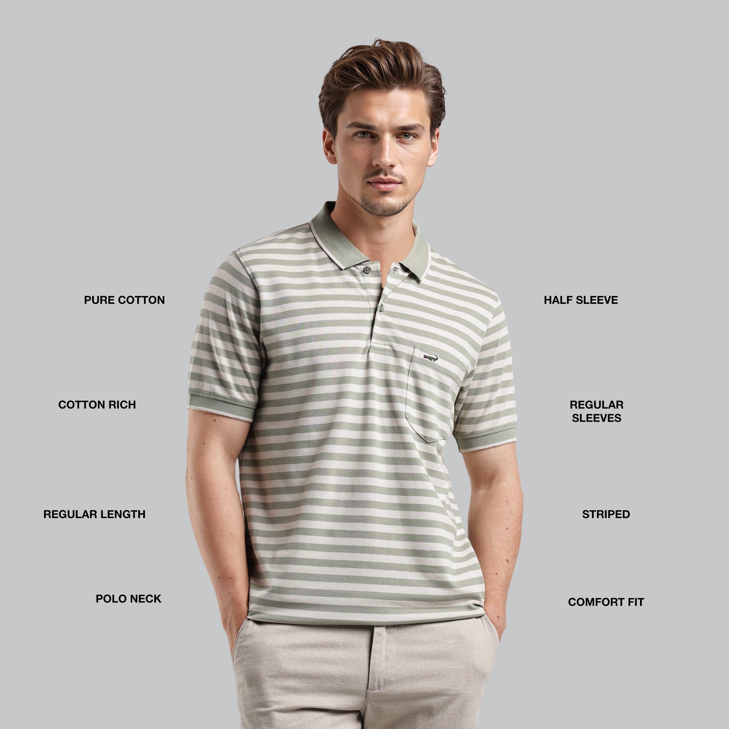 Man wearing a striped polo shirt with text describing features on a gray background