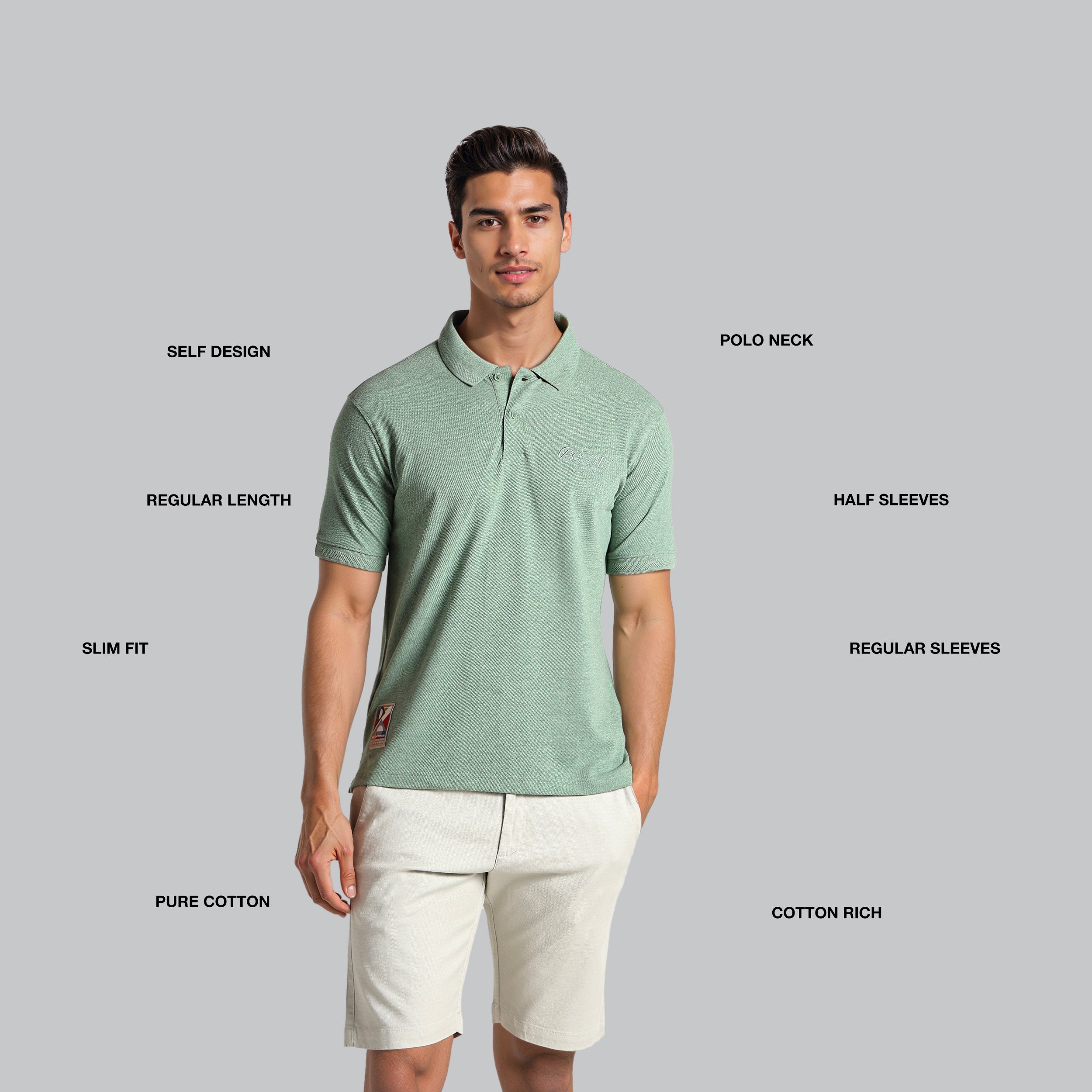 Man wearing a green polo shirt with text labels on a gray background