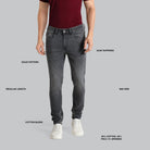 Person wearing gray jeans with feature labels on a gray background