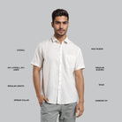 Man wearing a white shirt with text labels on a gray background