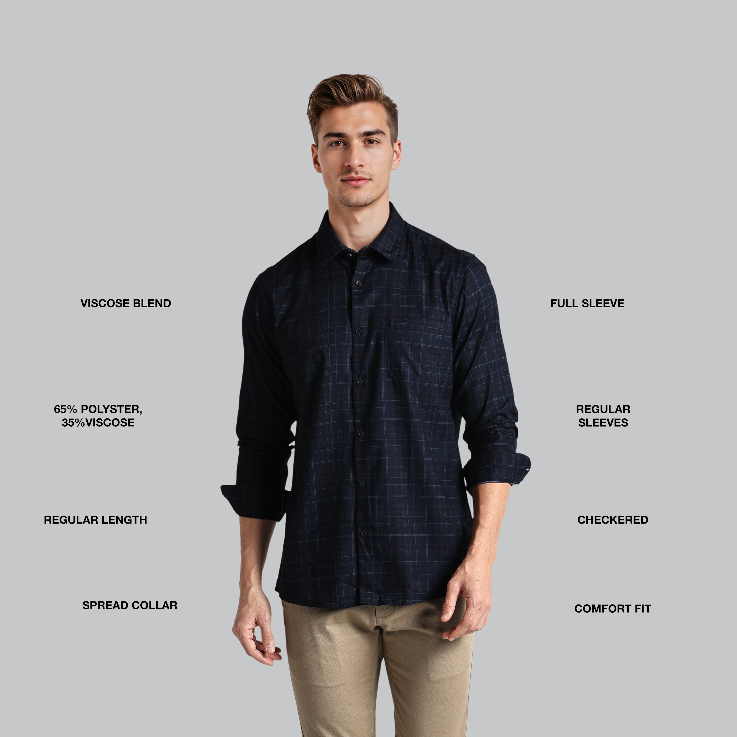 Man wearing a black checkered shirt with text labels on a gray background