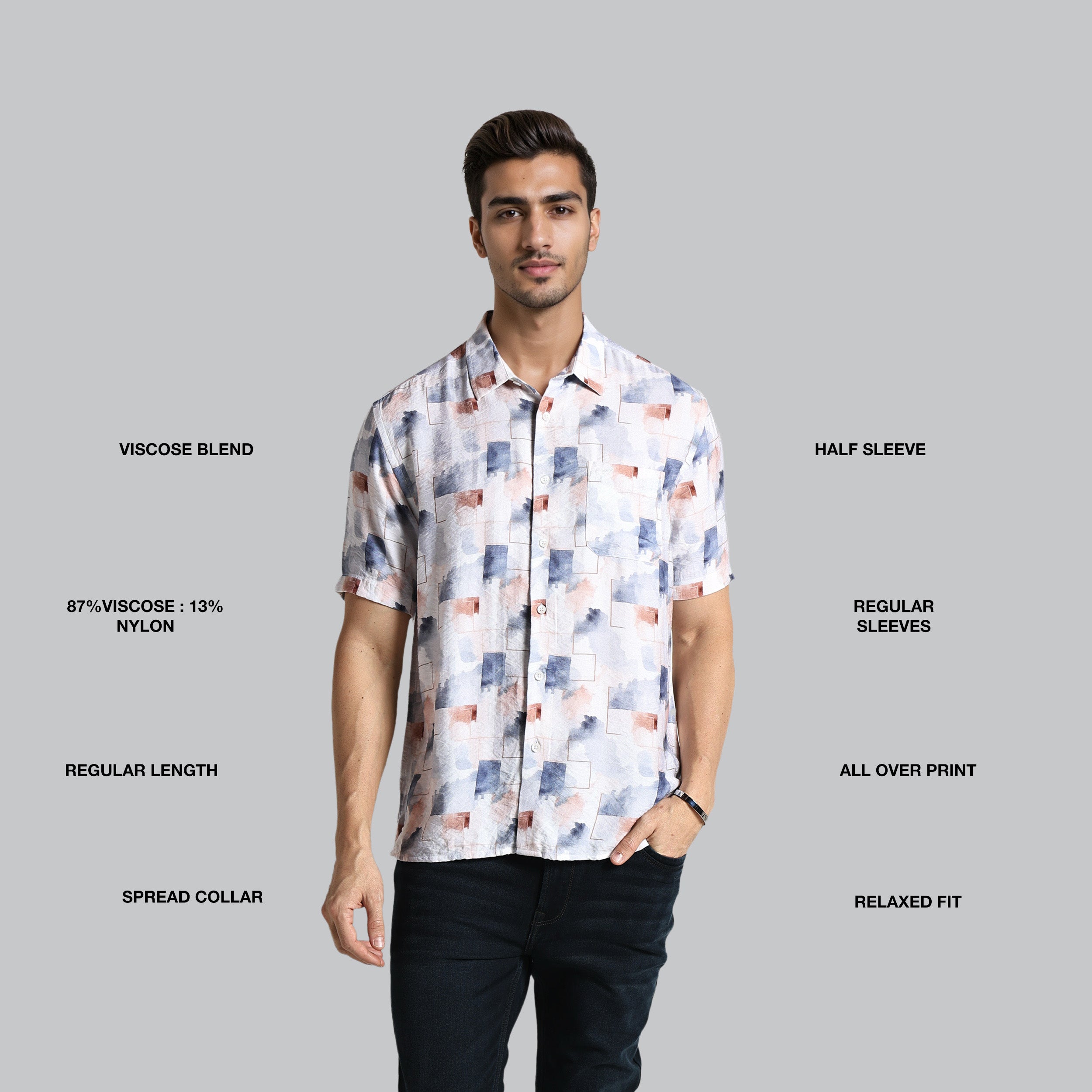Man wearing a patterned shirt with text detailing fabric blend, sleeve length, and other features on a gray background