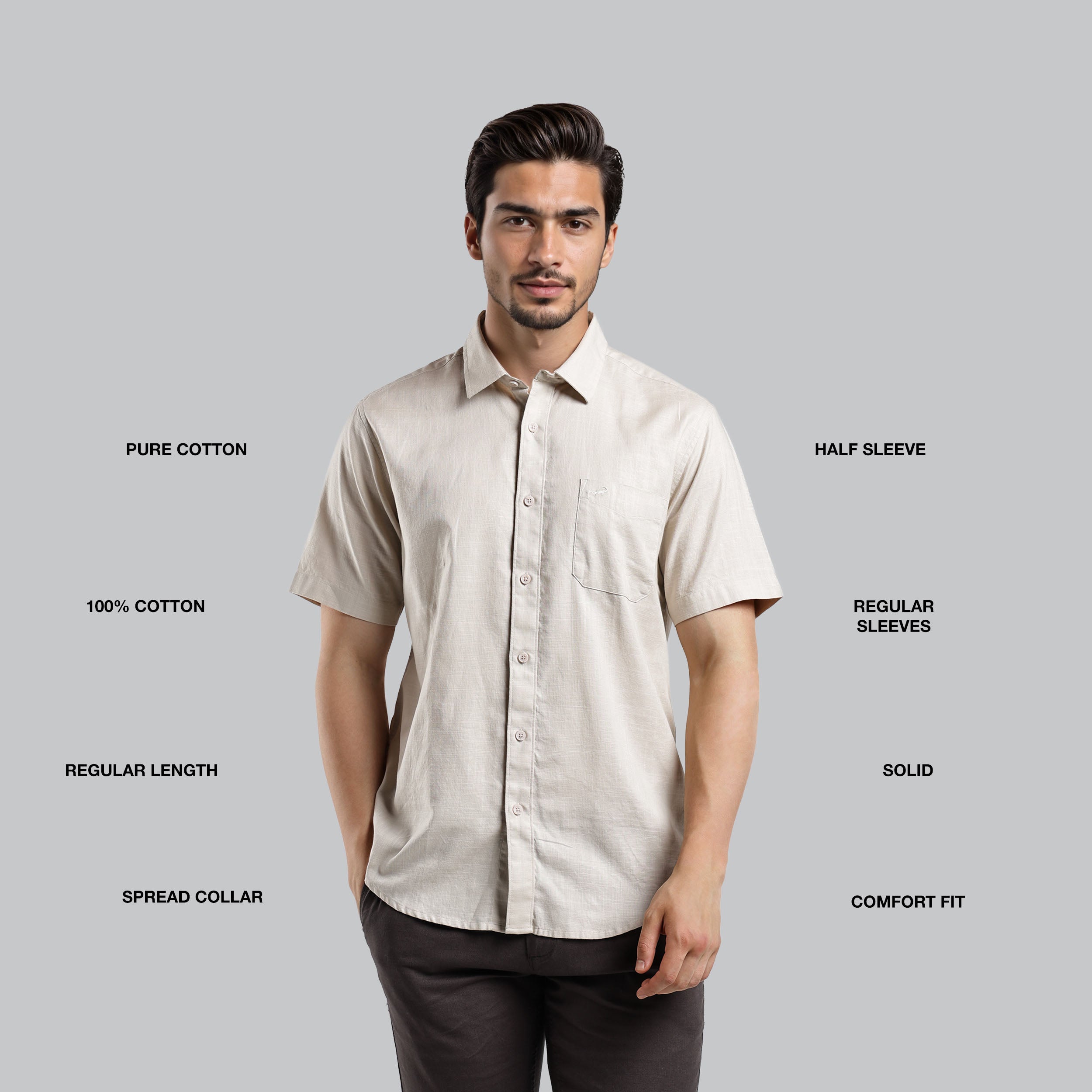 Man wearing a beige shirt with text describing its features on a gray background