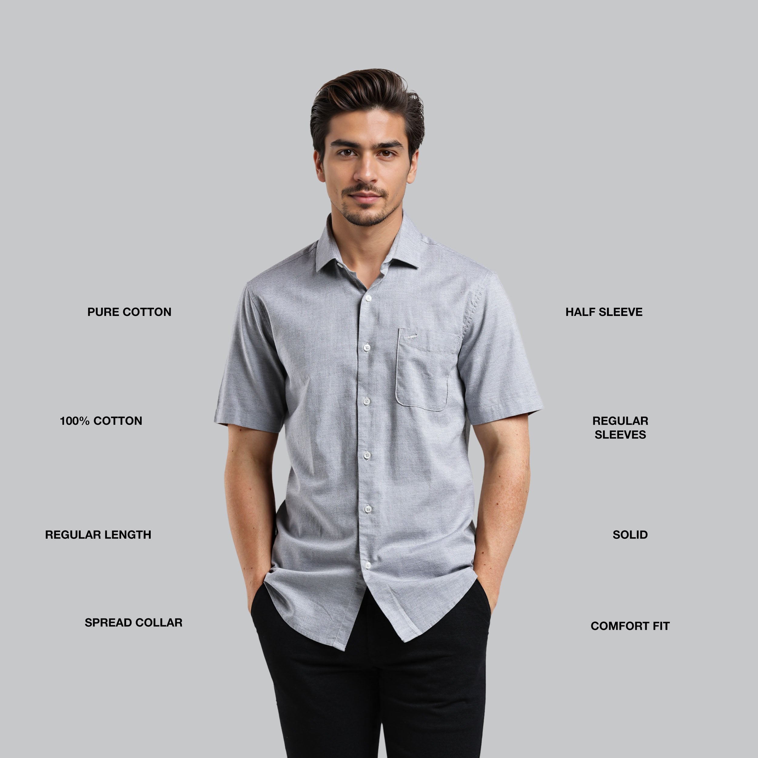 Man wearing a gray short-sleeve shirt with text describing features on a gray background