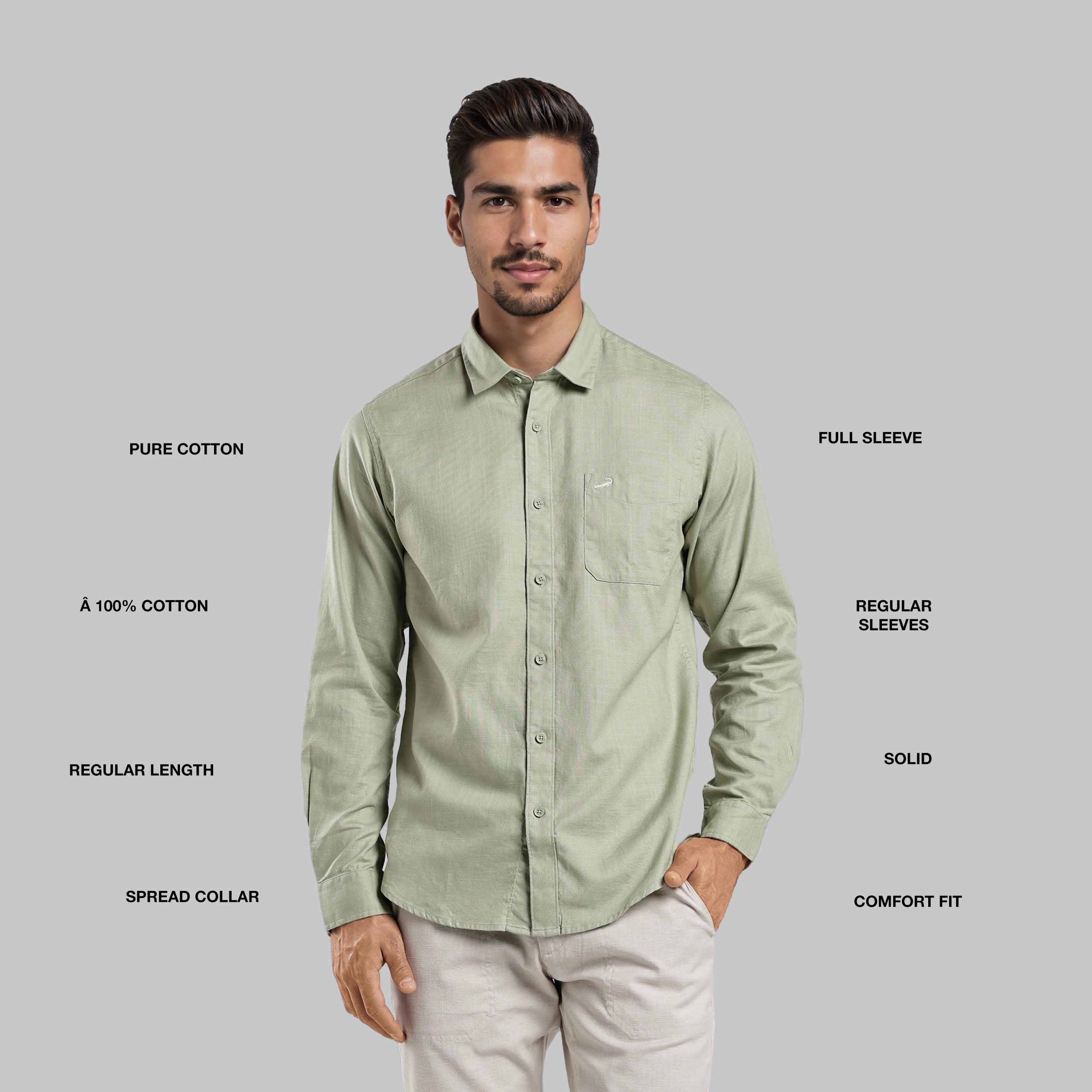 Man wearing a light green shirt with text describing features on a gray background