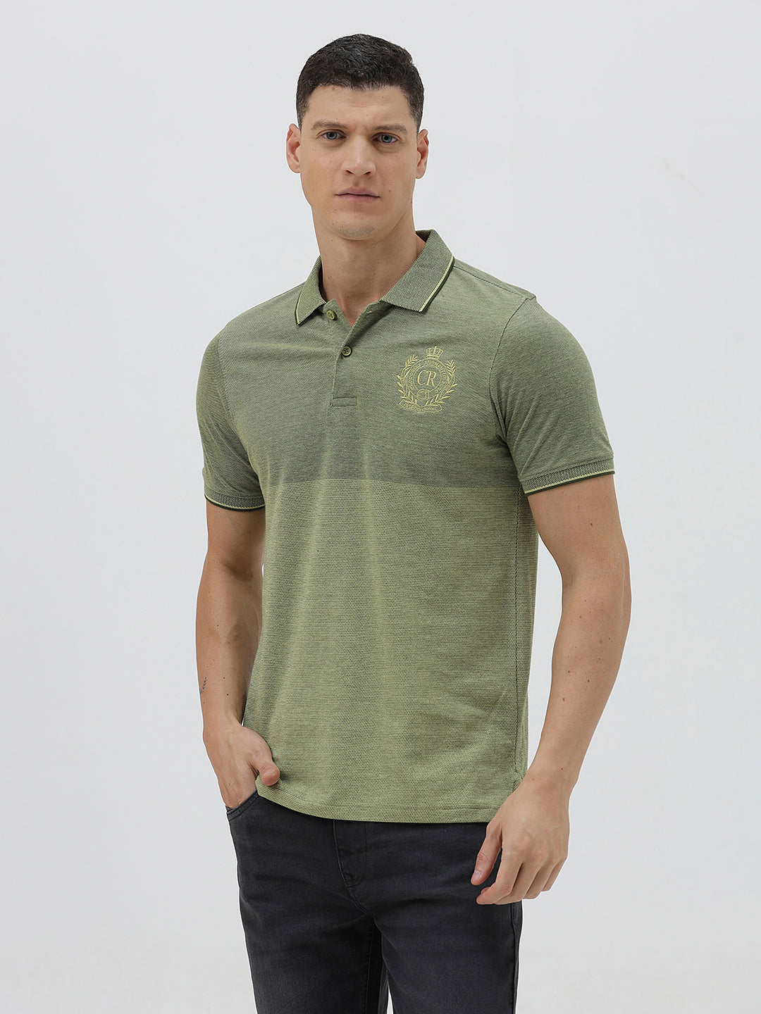 A man wearing a short-sleeve polo shirt in olive green with a subtle horizontal color-blocked stripe and a small gold crest logo on the left chest, paired with dark pants, against a light gray studio background.