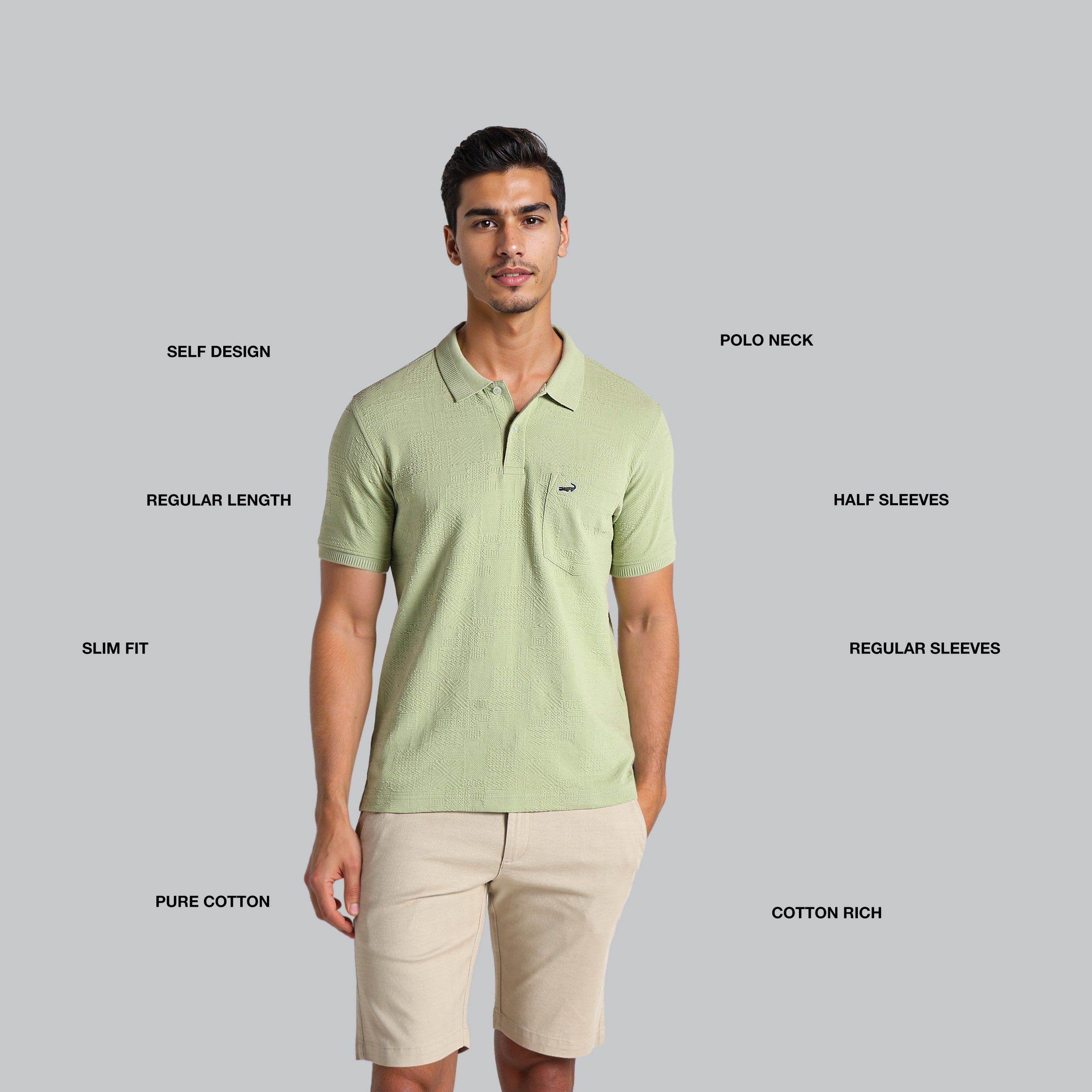 Man wearing a light green polo shirt with text labels on a gray background