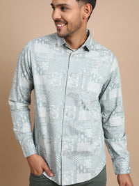 Pale Aqua Blue Printed Full Sleeve 100% Cotton Shirt