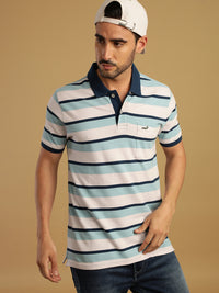 Blue and White Striped Polo T-Shirt