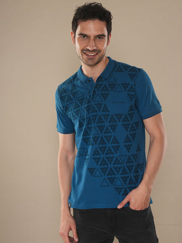 Geometric Panel Print Polo-Shirt In Vista Blue