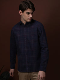 Checked Full Sleeve Navy 100% Cotton Casual Shirt