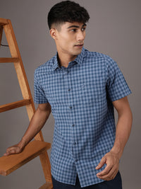 Casual Blue Checked Half Sleeve 100% Cotton Shirt