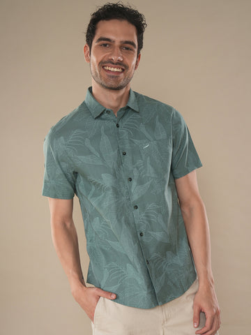 Artistic Leaf Printed Shirt in Cotton Fabric Green