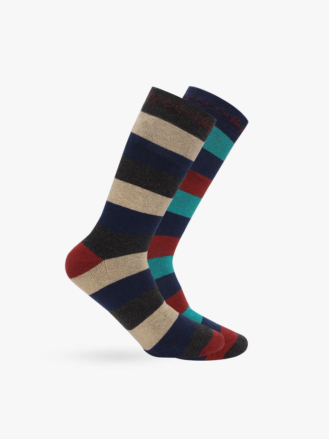A pair of striped full-length socks with colors assorted, likely made from cotton terry fabric.