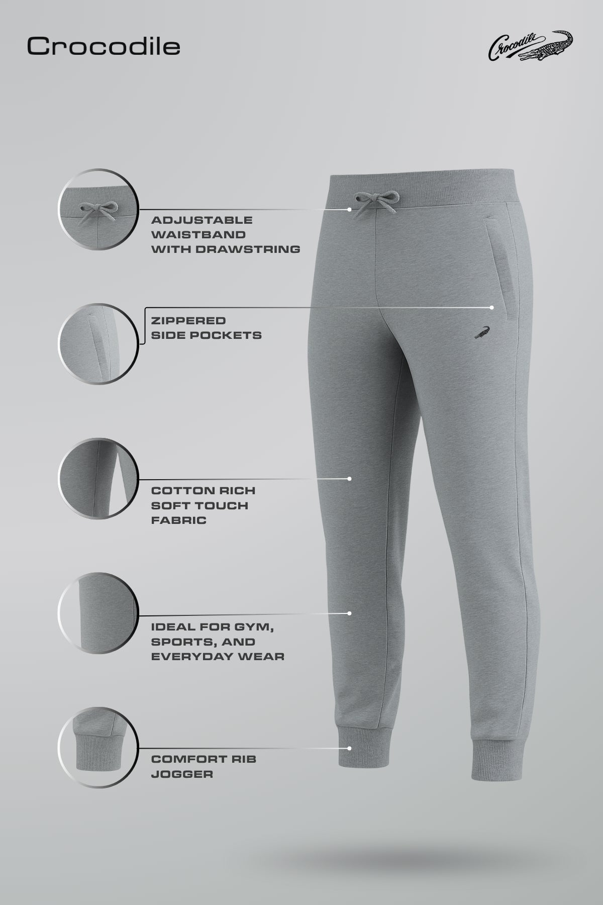 Gray jogger pants with features listed on a gray background