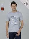 Man wearing a typography printed slim fit cotton t-shirts pack of 2 on a light gray background
