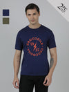 Man wearing a typography printed pack of 2 cotton slim fit t-shirts with casual styling on a gray background