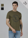 Man wearing a typography printed pack of 2 slim fit cotton t-shirts with casual styling on a gray background