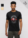 Man wearing a typography printed round neck cotton slim fit t-shirts pack of 2 with casual styling on a gray background