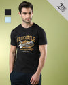 Man wearing a pack of 2 typography printed slim fit t-shirts on a light gray background