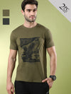 Man wearing a typography printed pack of 2 slim fit t-shirts with casual styling on a gray background